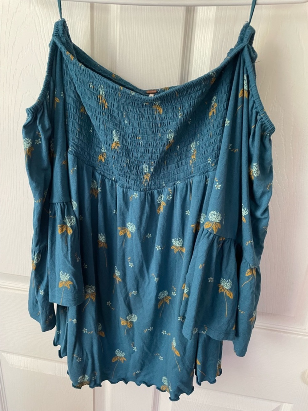 Free People Teal Floral Smocked Cold Shoulder Top Size M